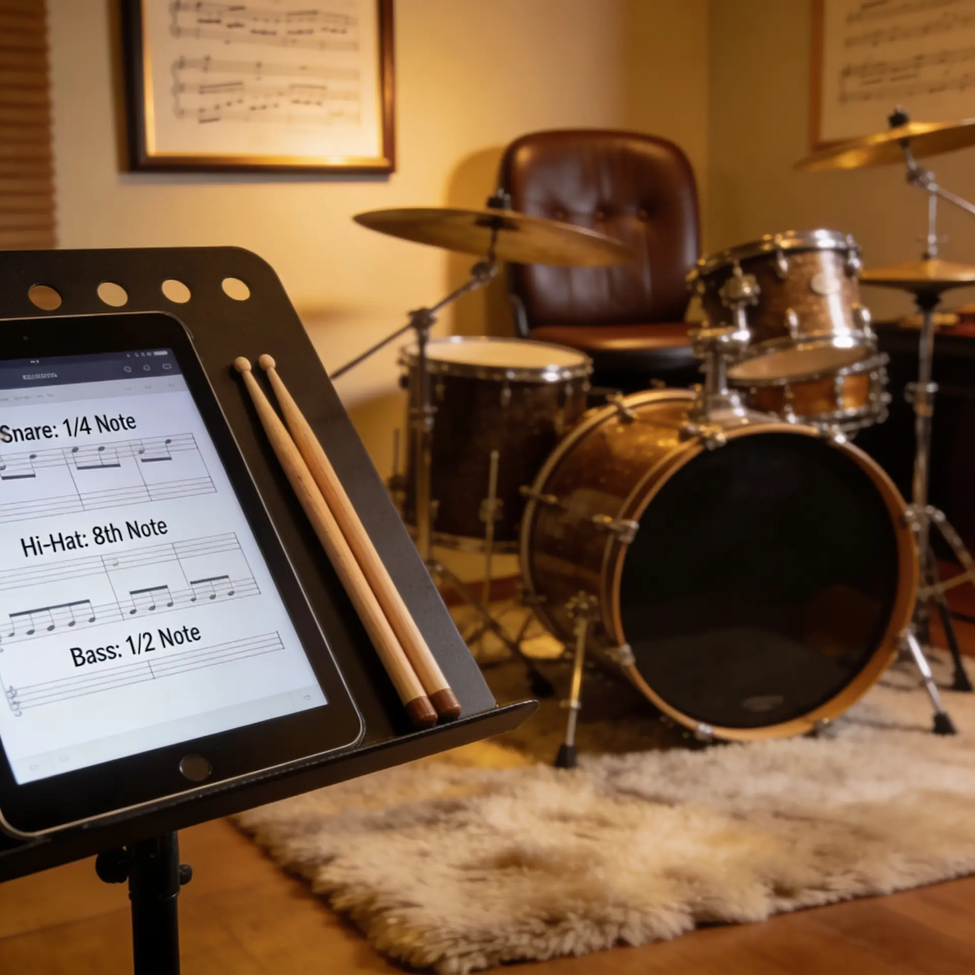 tablette affichant une partition de batterie sur pupitre, baguettes posées à côté, dans un espace de pratique amateur